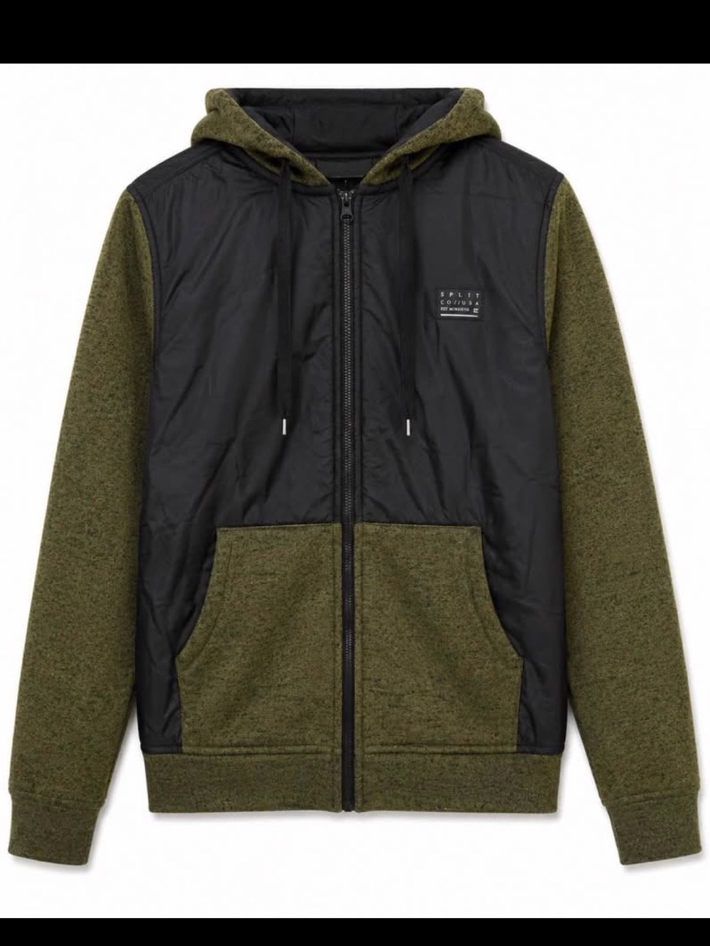 split Olive Green and Black Hooded Zip-Up Sweater Jacket